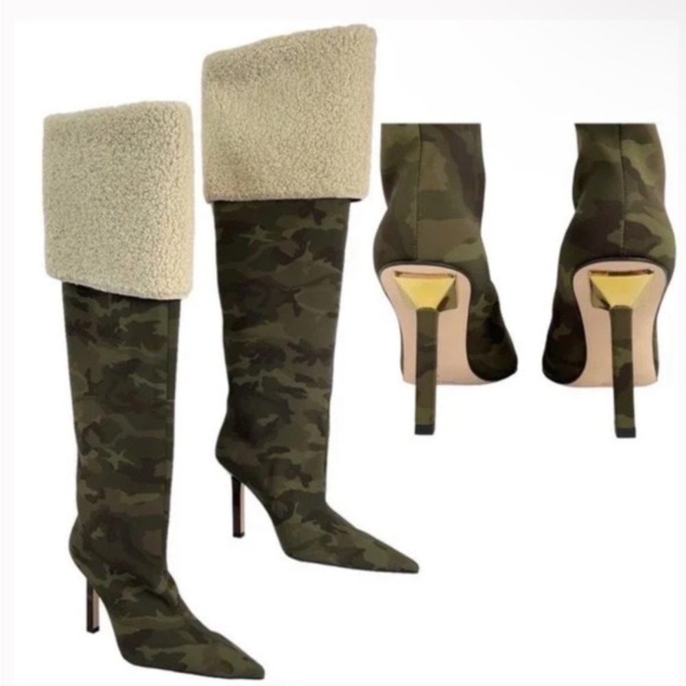 $349 Good American Thigh High Over the Knee Neoprene Kickstand Camo Boots